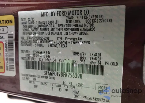 2015 Ford Fusion Se из США, поврежденный, VIN 3FA6P0T98FR256398